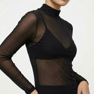Black Sheer Mesh Mock Neck Long Sleeve Top